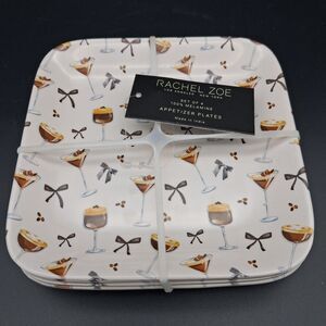 Rachel Zoe Set of 4 Chocolate Martini & Black Bow Melamine Appetizer Plates NEW